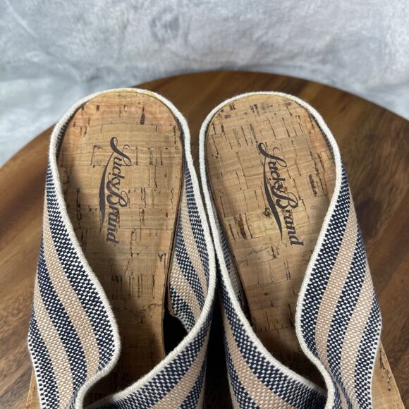 Lucky Brand Sandals 9.5 M Platform Wedge Blue Striped Linen Cork Heel Miller2 - Picture 10 of 14